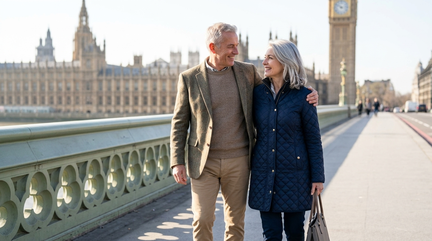 Happy mature couple over 50 enjoying coffee together in a cozy UK café
