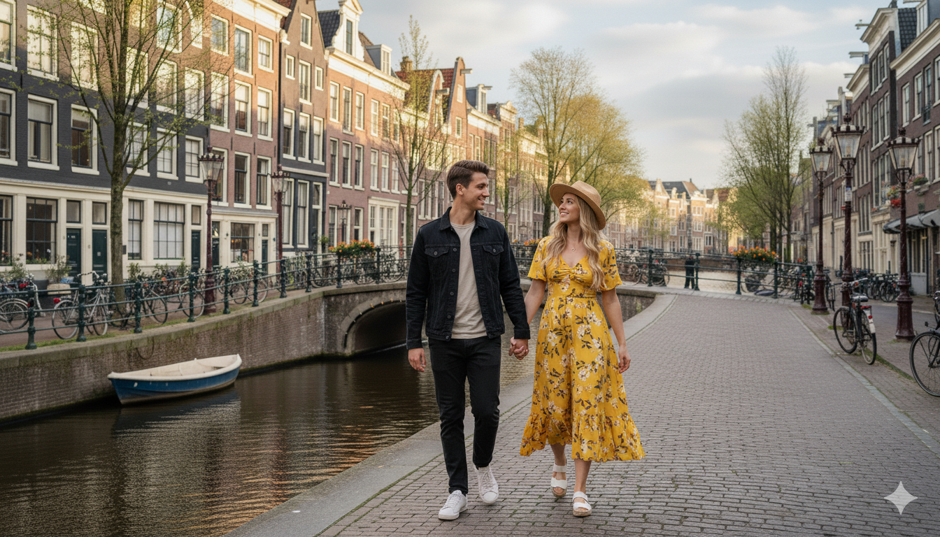 Gelukkig paar geniet van een wandeling in een Nederlands park